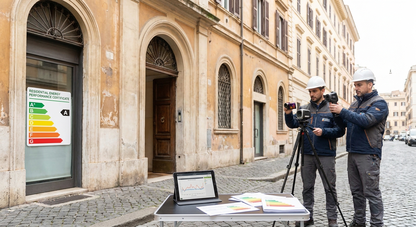 historical Roma palazzo with energy audit equipment