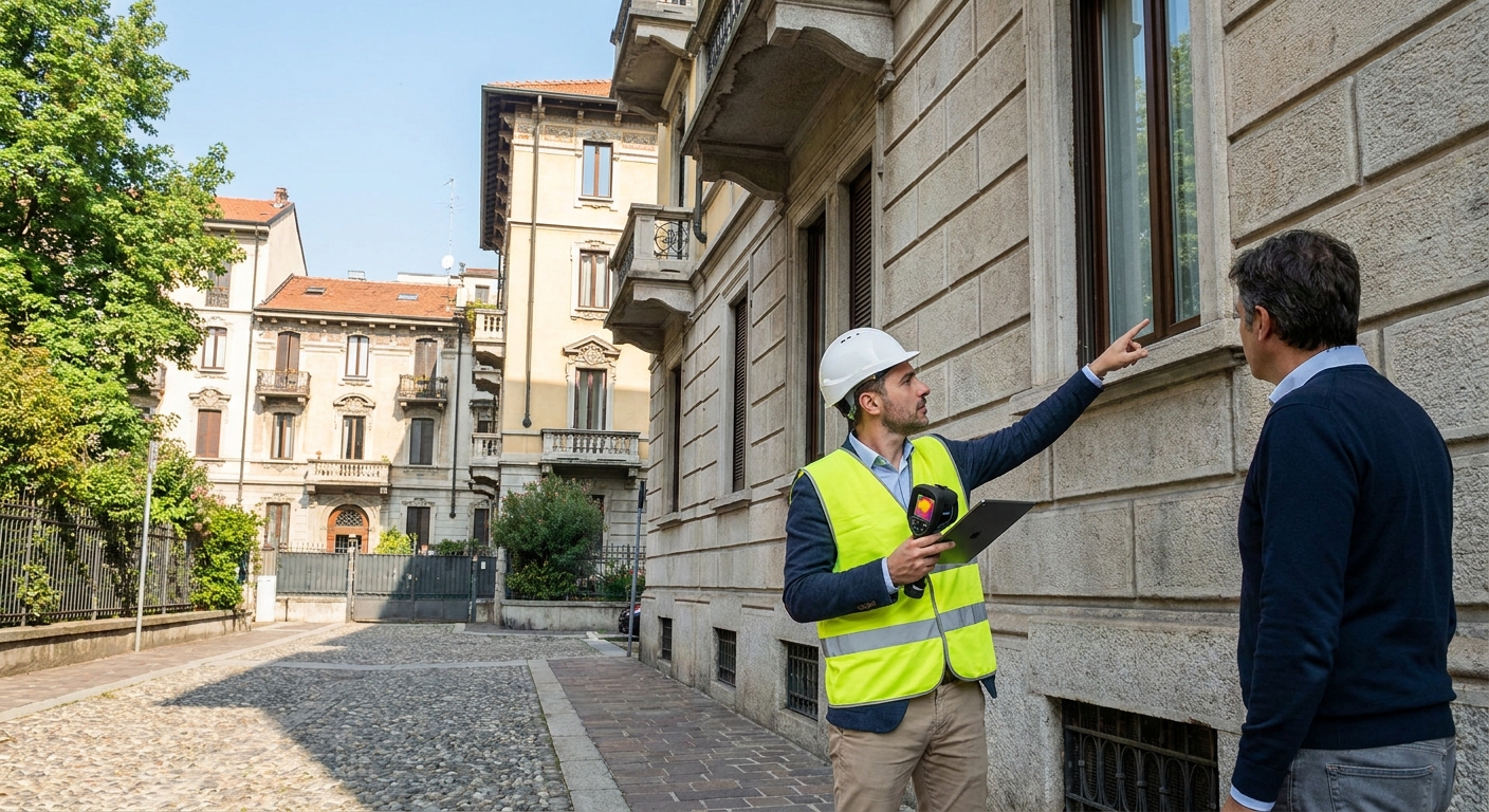 certified technician inspecting Milano apartment building facade