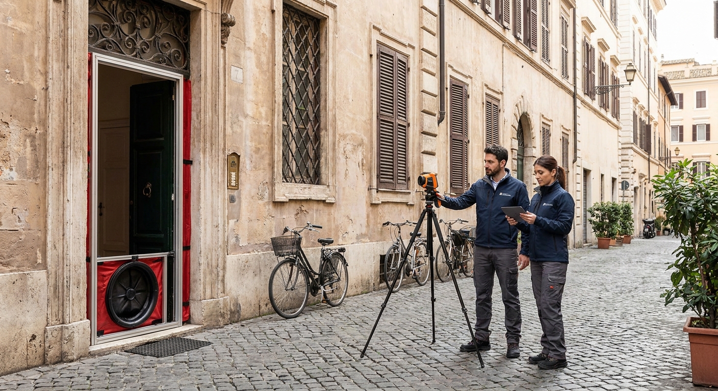 historical Roma palazzo with energy audit equipment