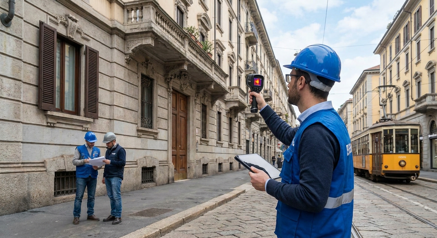 certified technician inspecting Milano apartment building facade