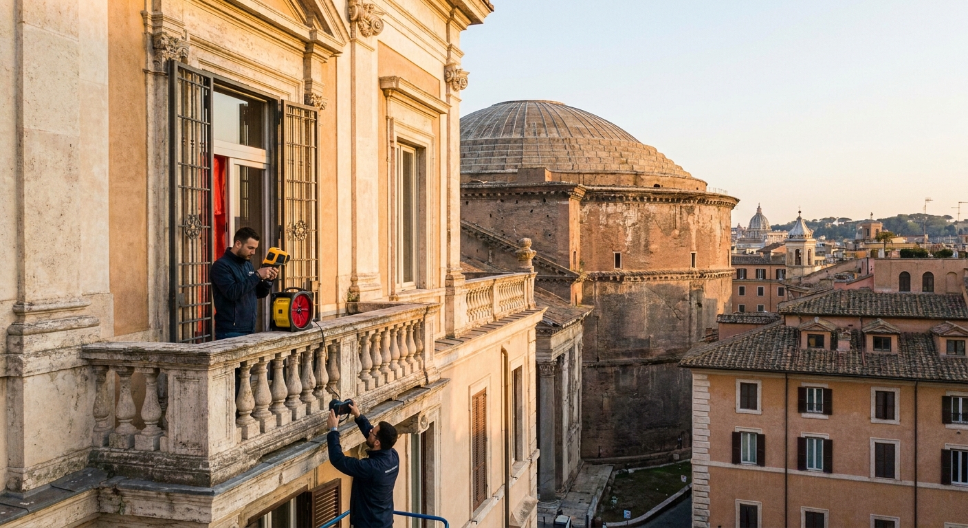 historical Roma palazzo with energy audit equipment