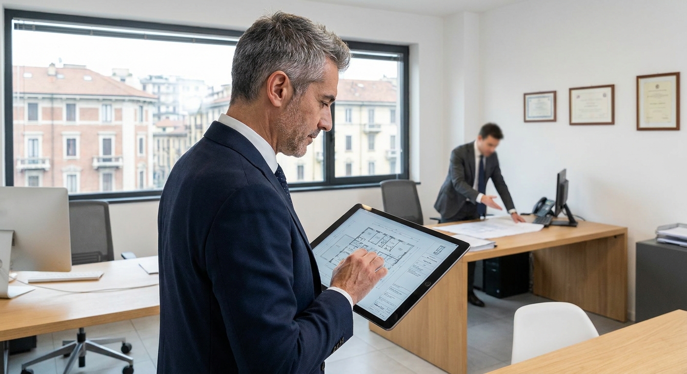 architect reviewing building blueprints on digital tablet in modern office