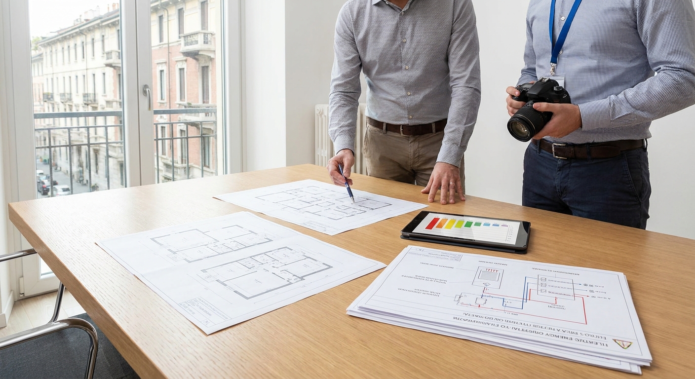 technical floor plan blueprints and heating system documentation on a desk
