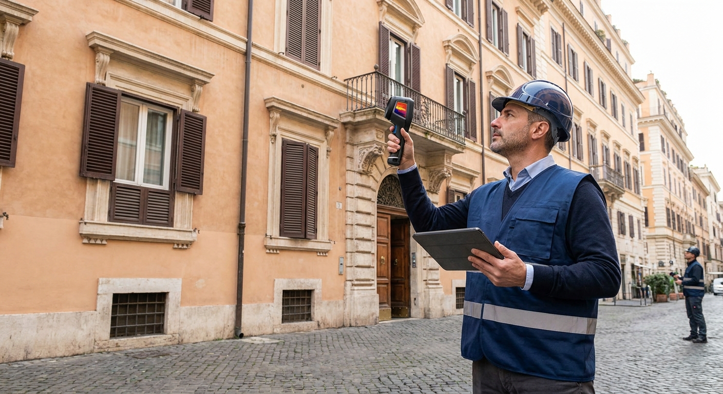 certified technician inspecting Roma apartment building facade