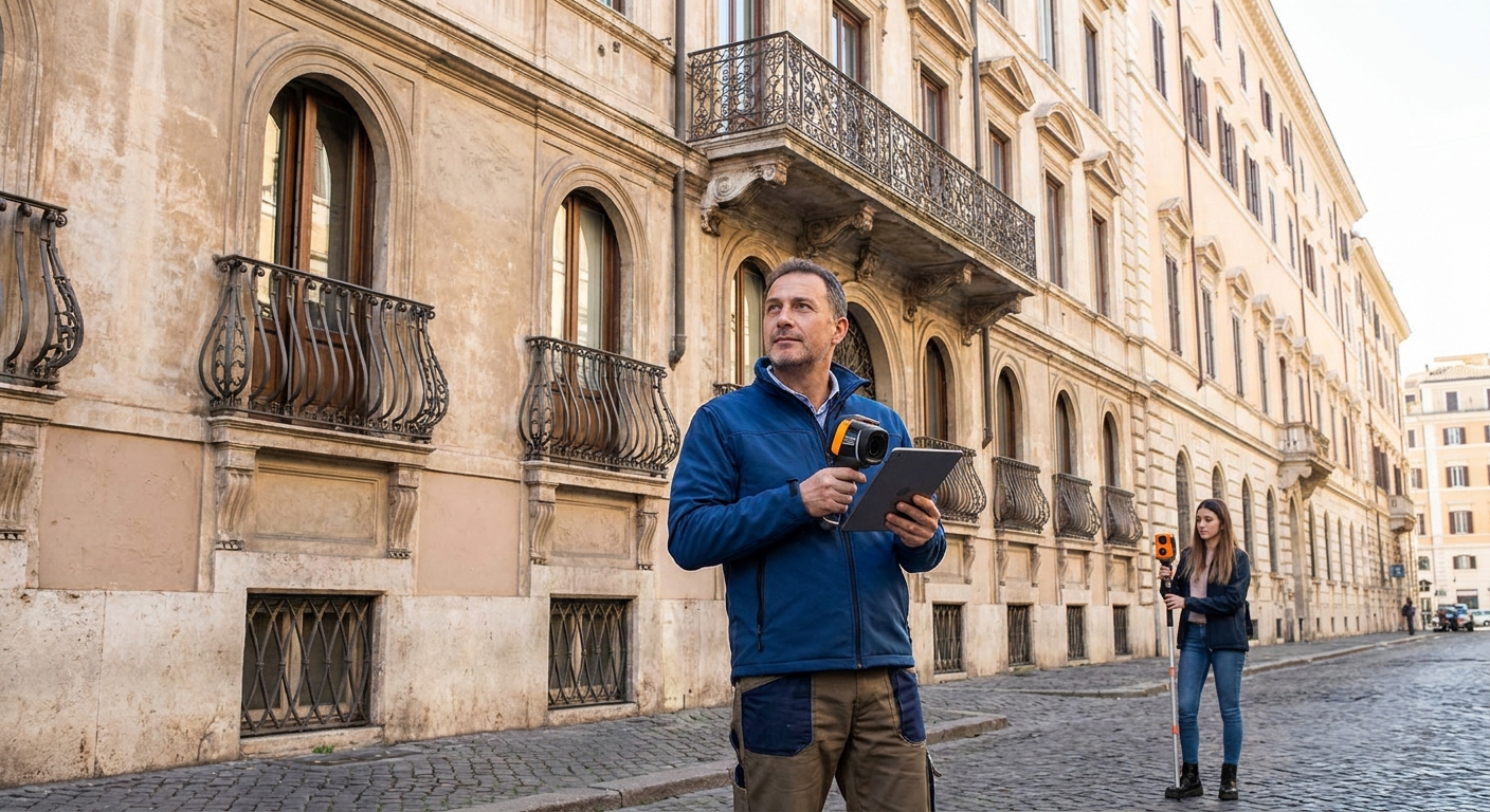 certified technician inspecting historical Roma palazzo with energy audit equipment