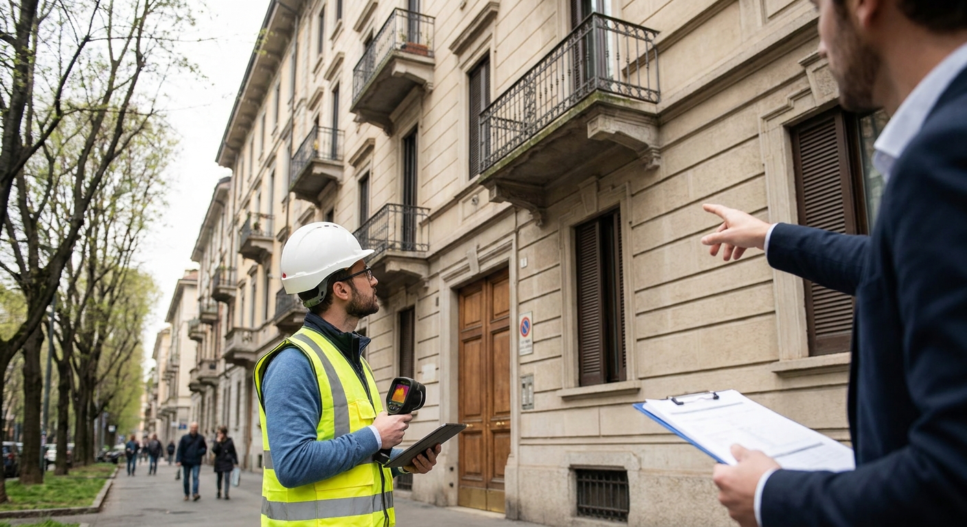 certified technician inspecting Milano apartment building facade