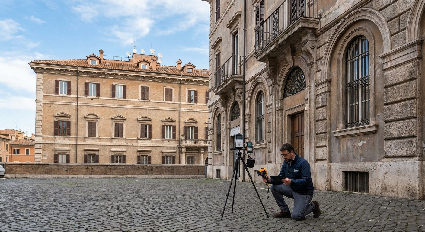 historical Roma palazzo with energy audit equipment