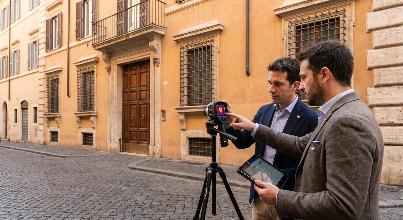 historical Roma palazzo with energy audit equipment