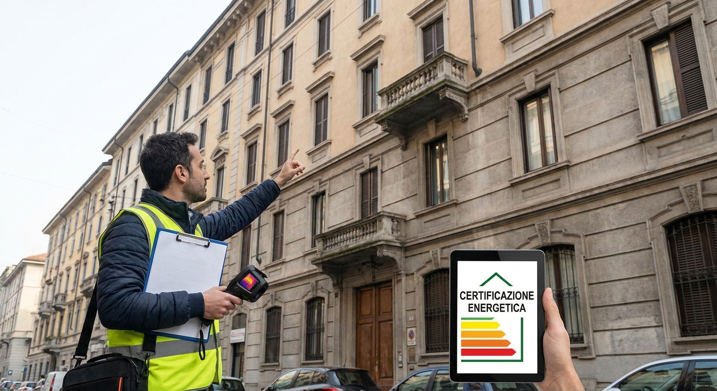 certified technician inspecting Milano apartment building facade