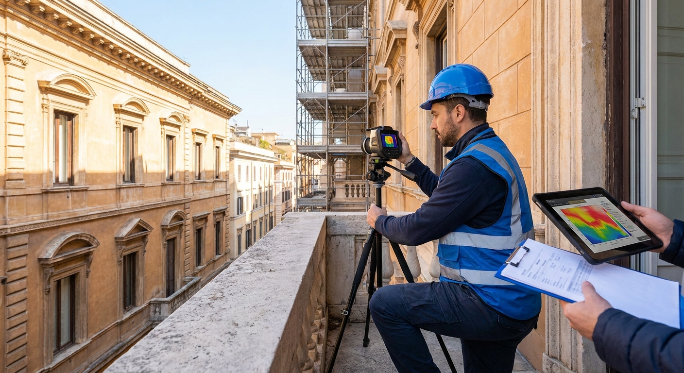 historical Roma palazzo with energy audit equipment