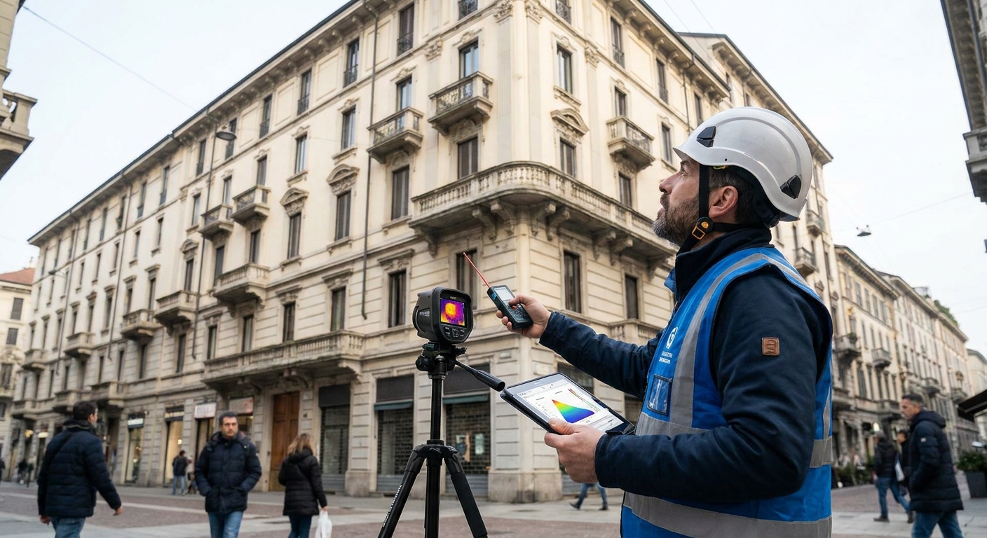 certified technician inspecting Milano apartment building facade
