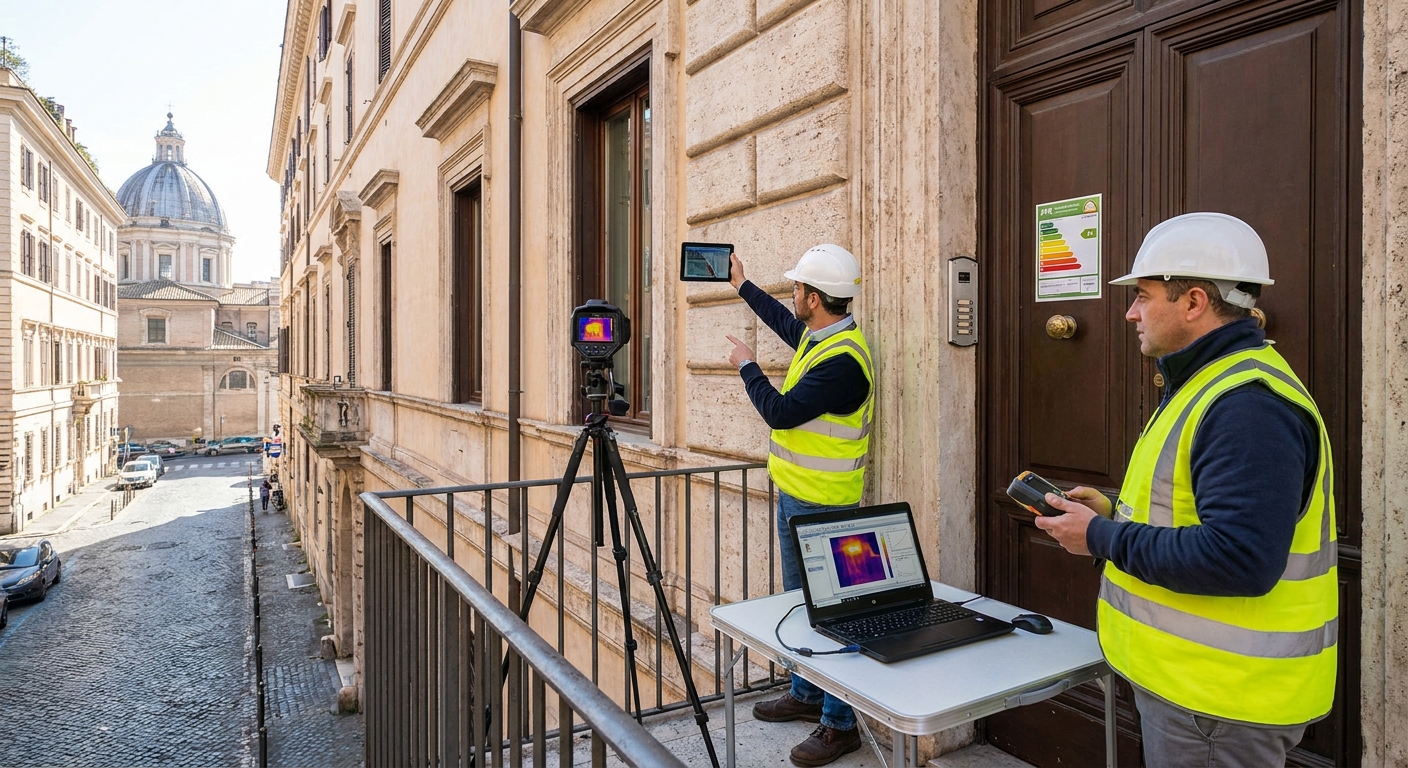 historical Roma palazzo with energy audit equipment