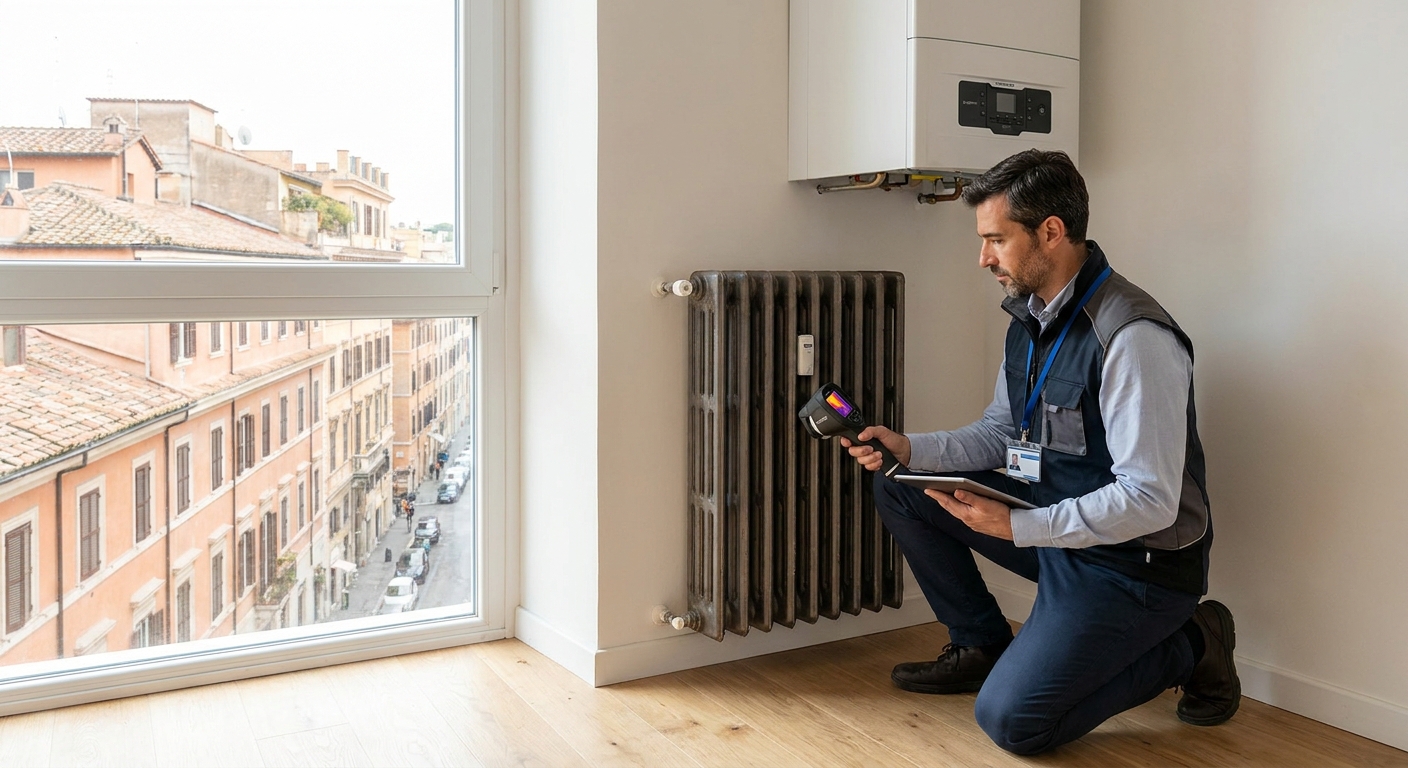 certified technician inspecting Roma apartment heating system