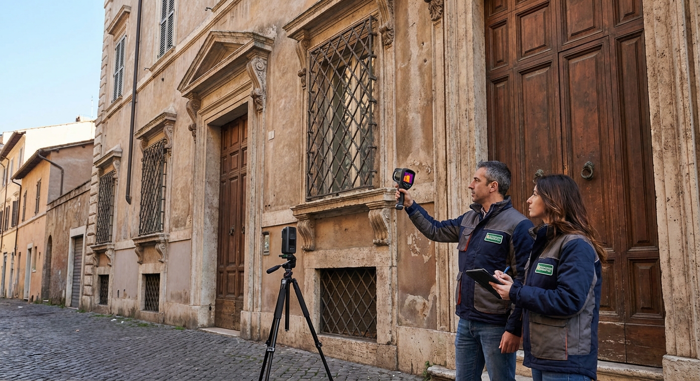 historical Roma palazzo with energy audit equipment