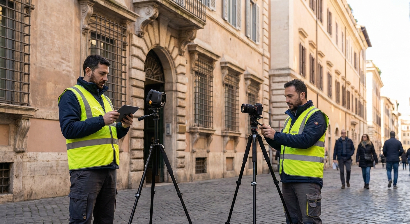 historical Roma palazzo with energy audit equipment