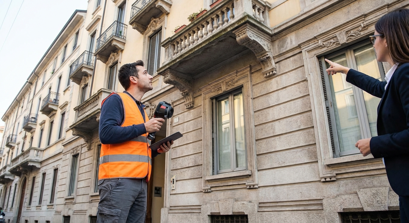 certified technician inspecting Milano apartment building facade
