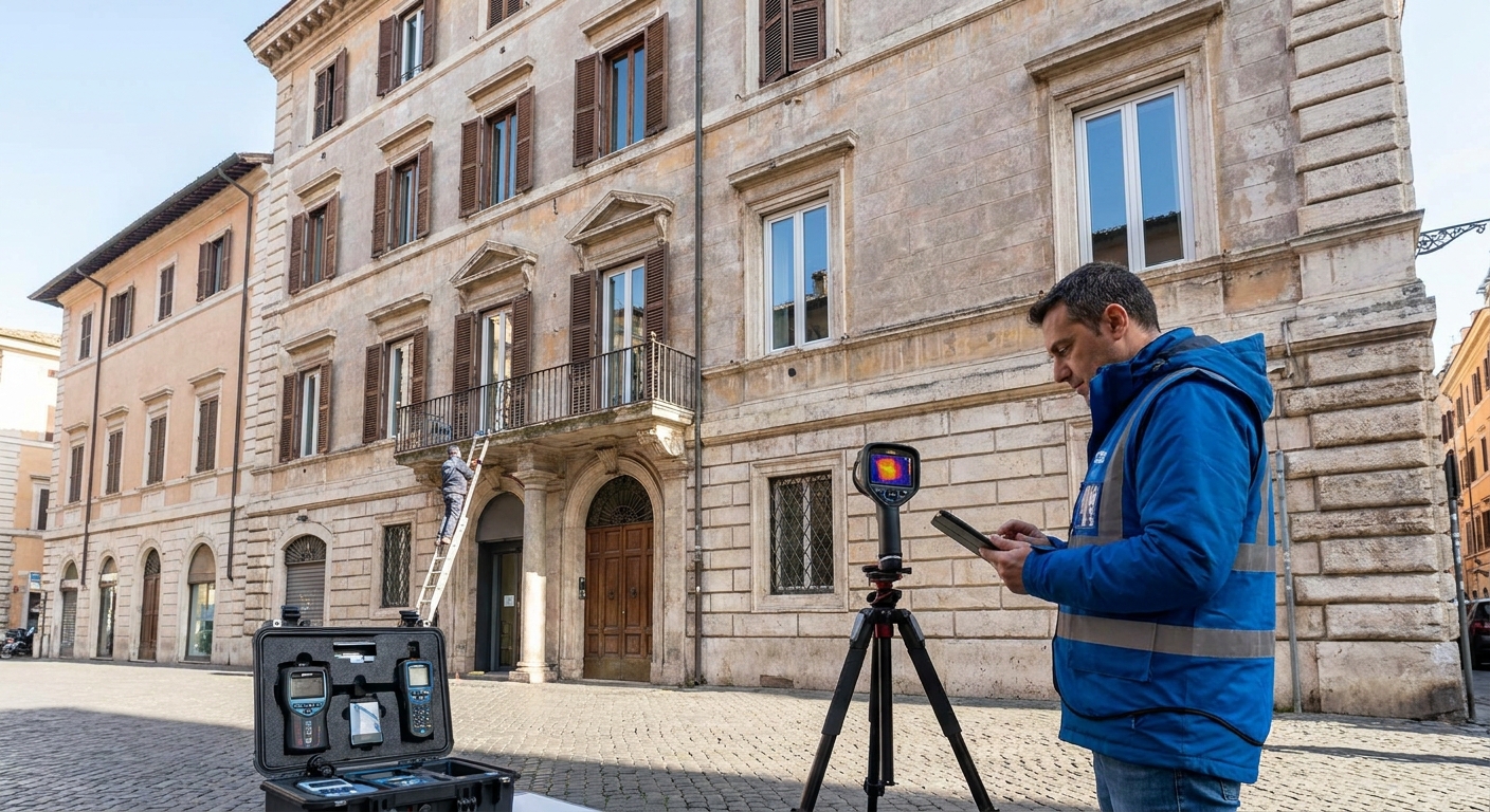 historical Roma palazzo with energy audit equipment