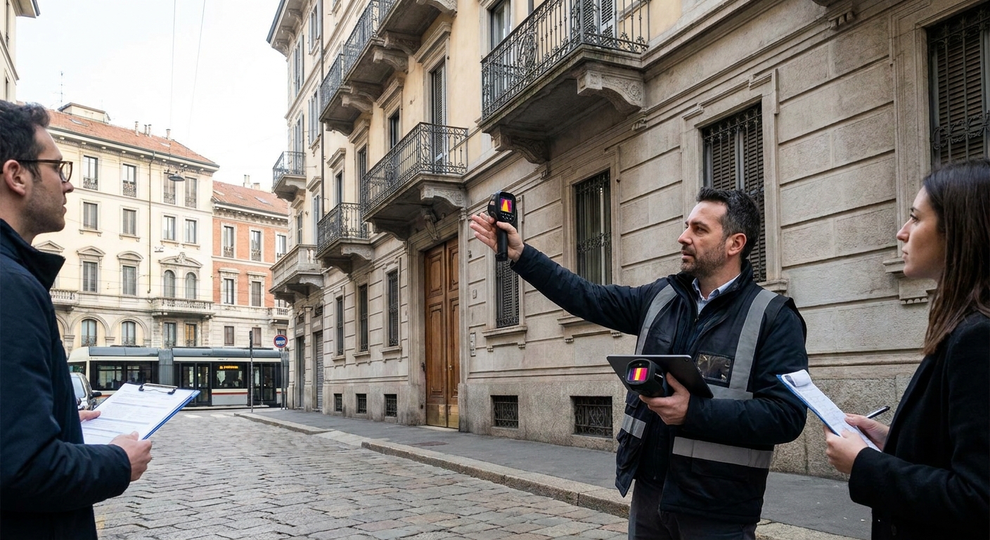 certified technician inspecting Milano apartment building facade