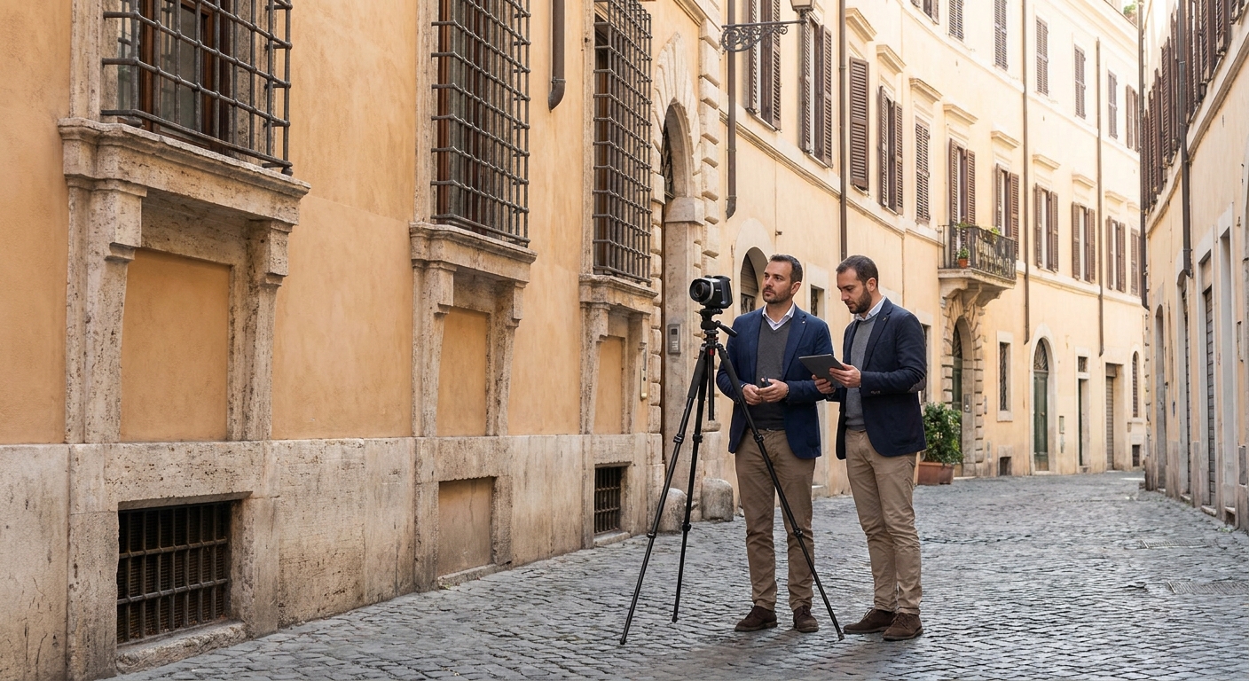 historical Roma palazzo with energy audit equipment