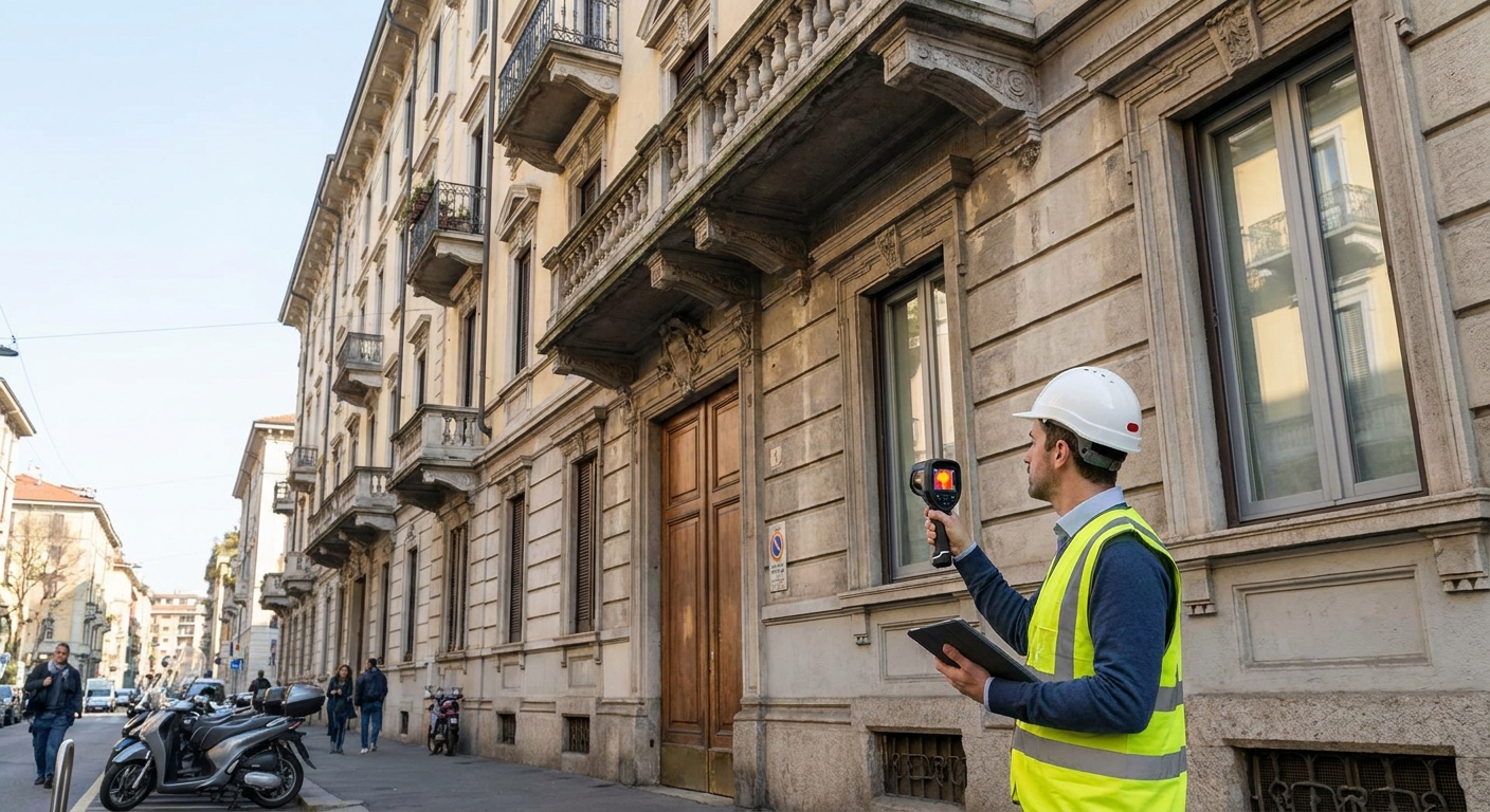 certified technician inspecting Milano apartment building facade