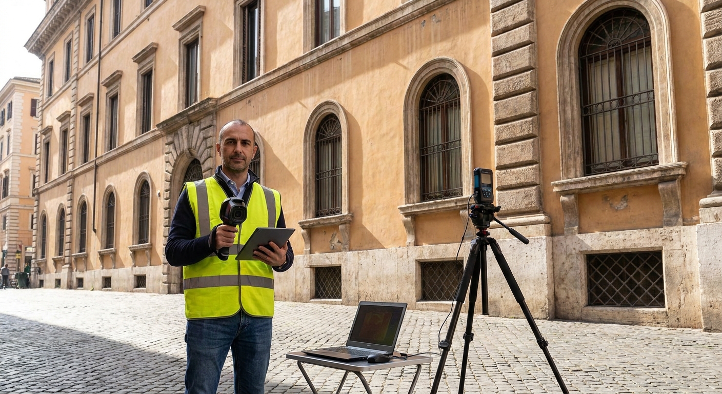 historical Roma palazzo with energy audit equipment