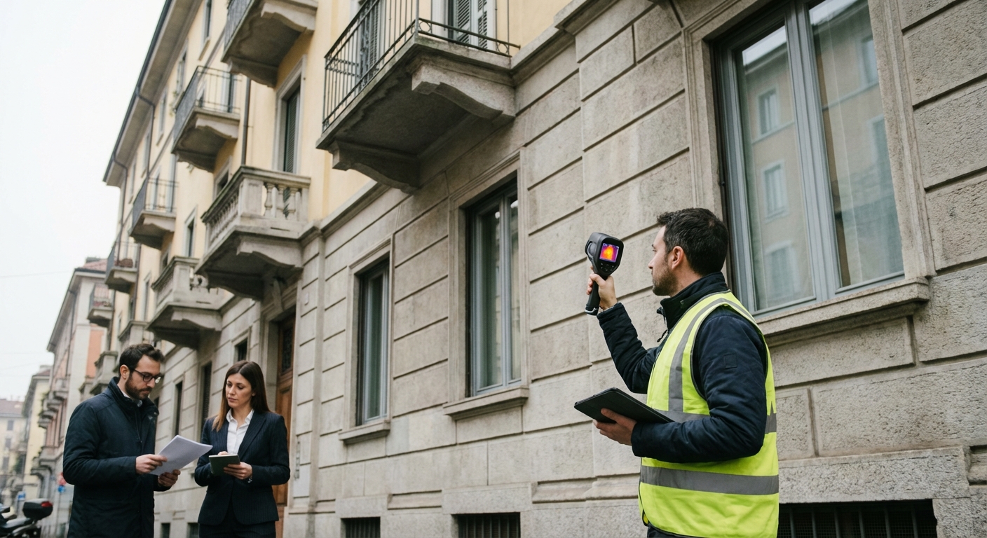 certified technician inspecting Milano apartment building facade