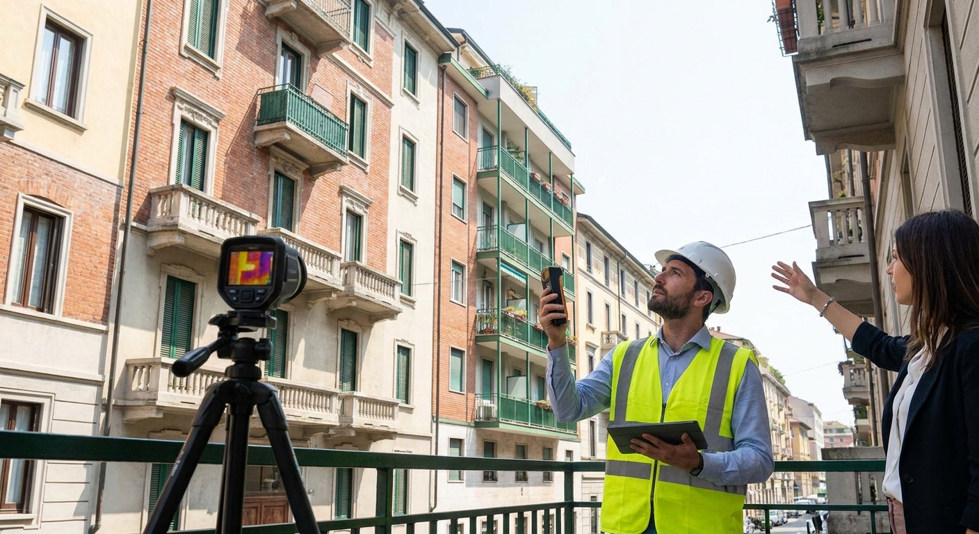 certified technician inspecting Milano apartment building facade