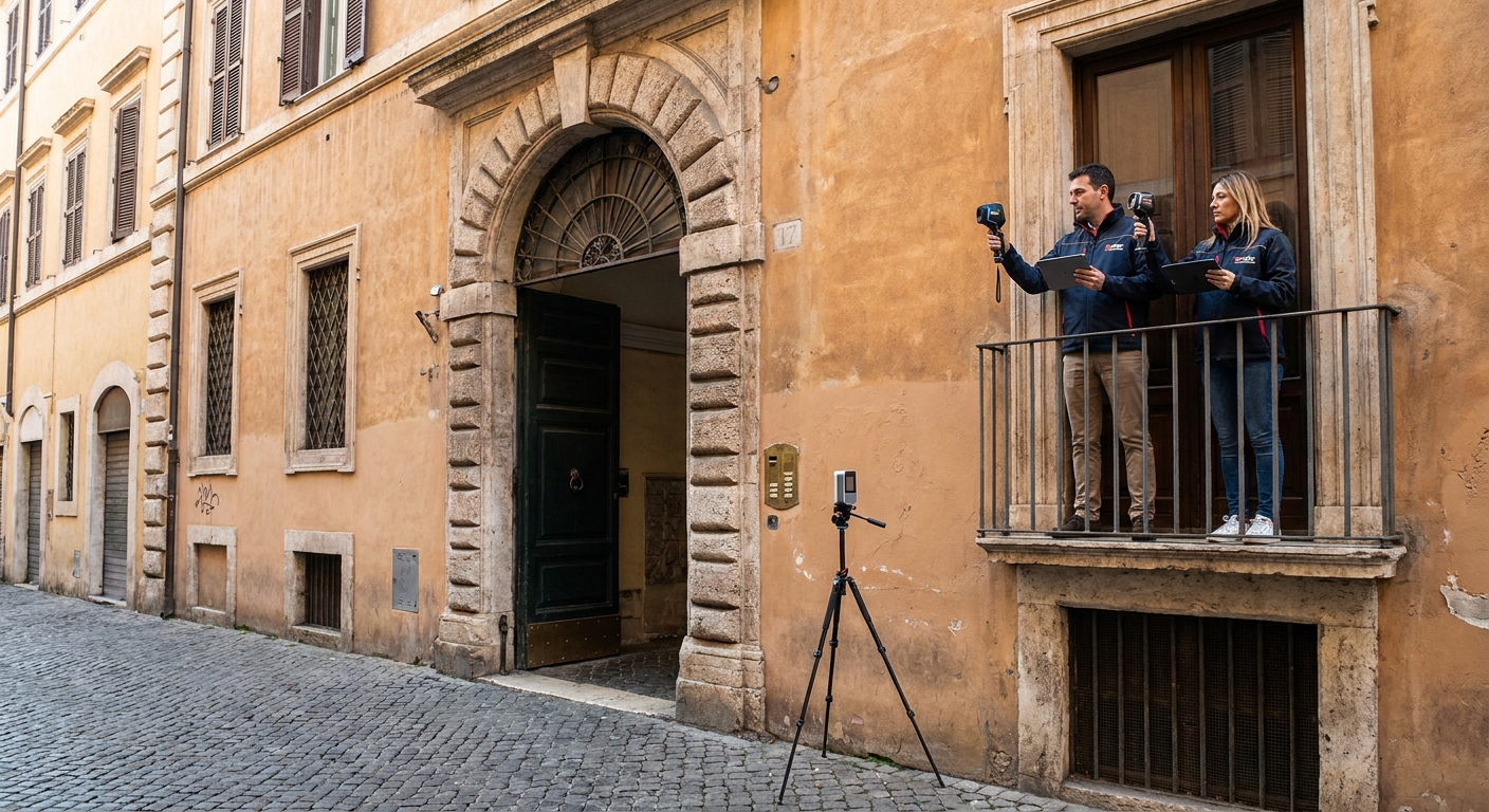 historical Roma palazzo with energy audit equipment