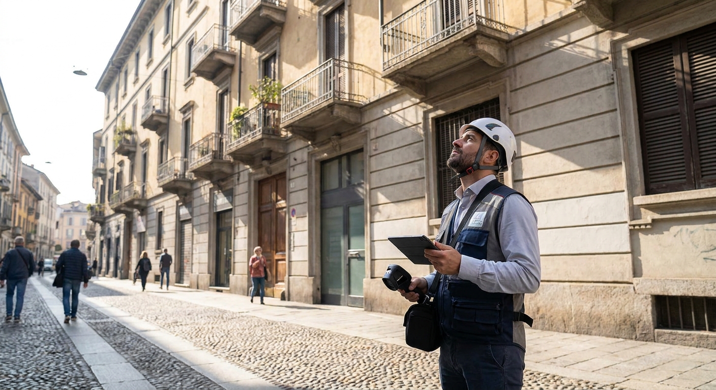certified technician inspecting Milano apartment building facade