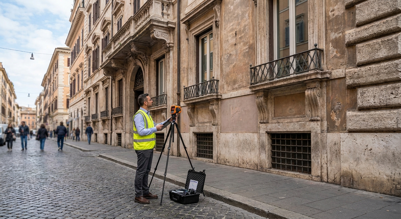 historical Roma palazzo with energy audit equipment