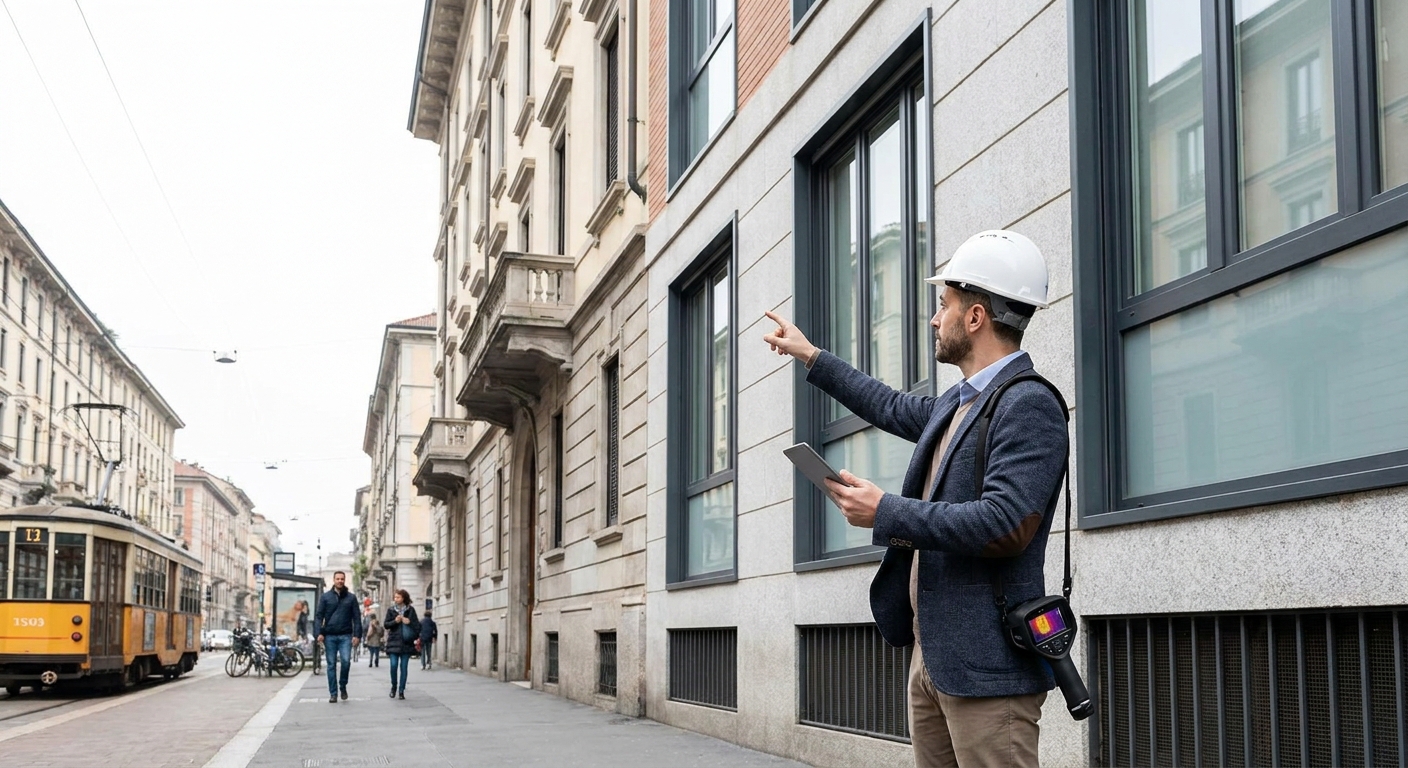 certified technician inspecting Milano apartment building facade