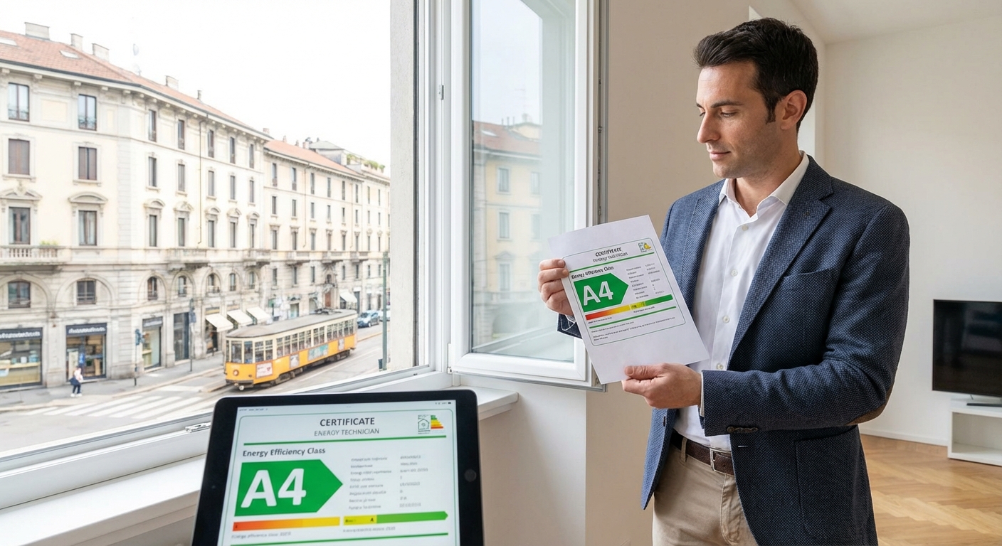 dettaglio della scala delle classi energetiche da A4 a G su un certificato italiano