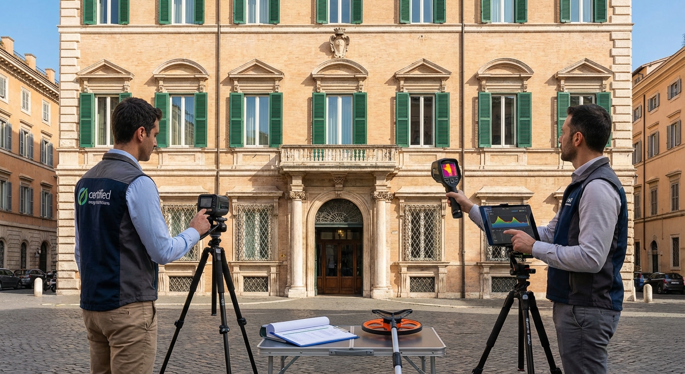 strumentazione tecnica per l'audit energetico posizionata all'interno di un palazzo storico romano