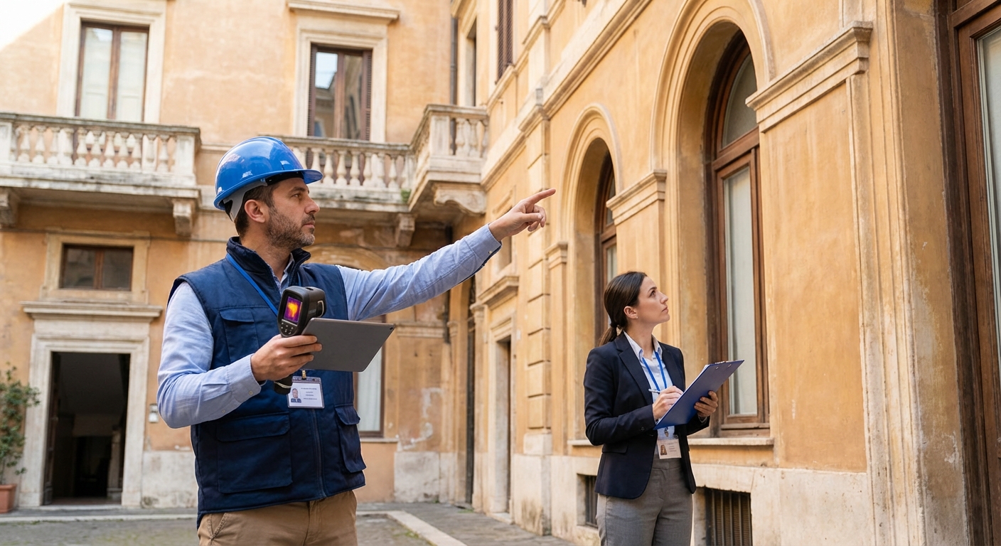 certified technician inspecting historical Roma palazzo with energy audit equipment