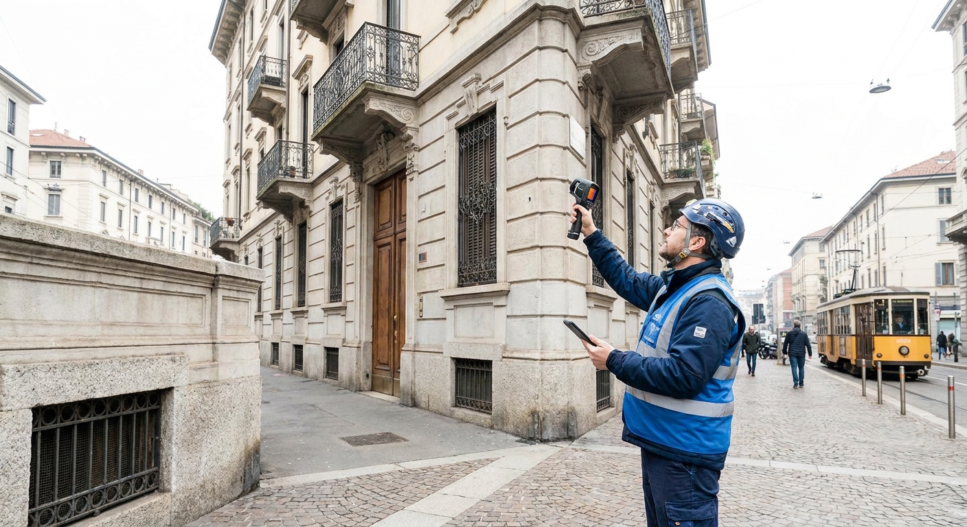 certified technician inspecting Milano apartment building facade