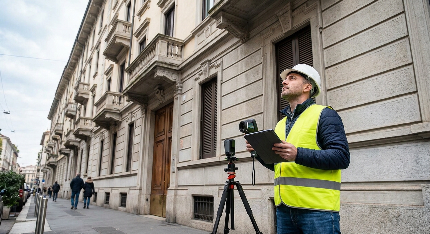 certified technician inspecting Milano apartment building facade
