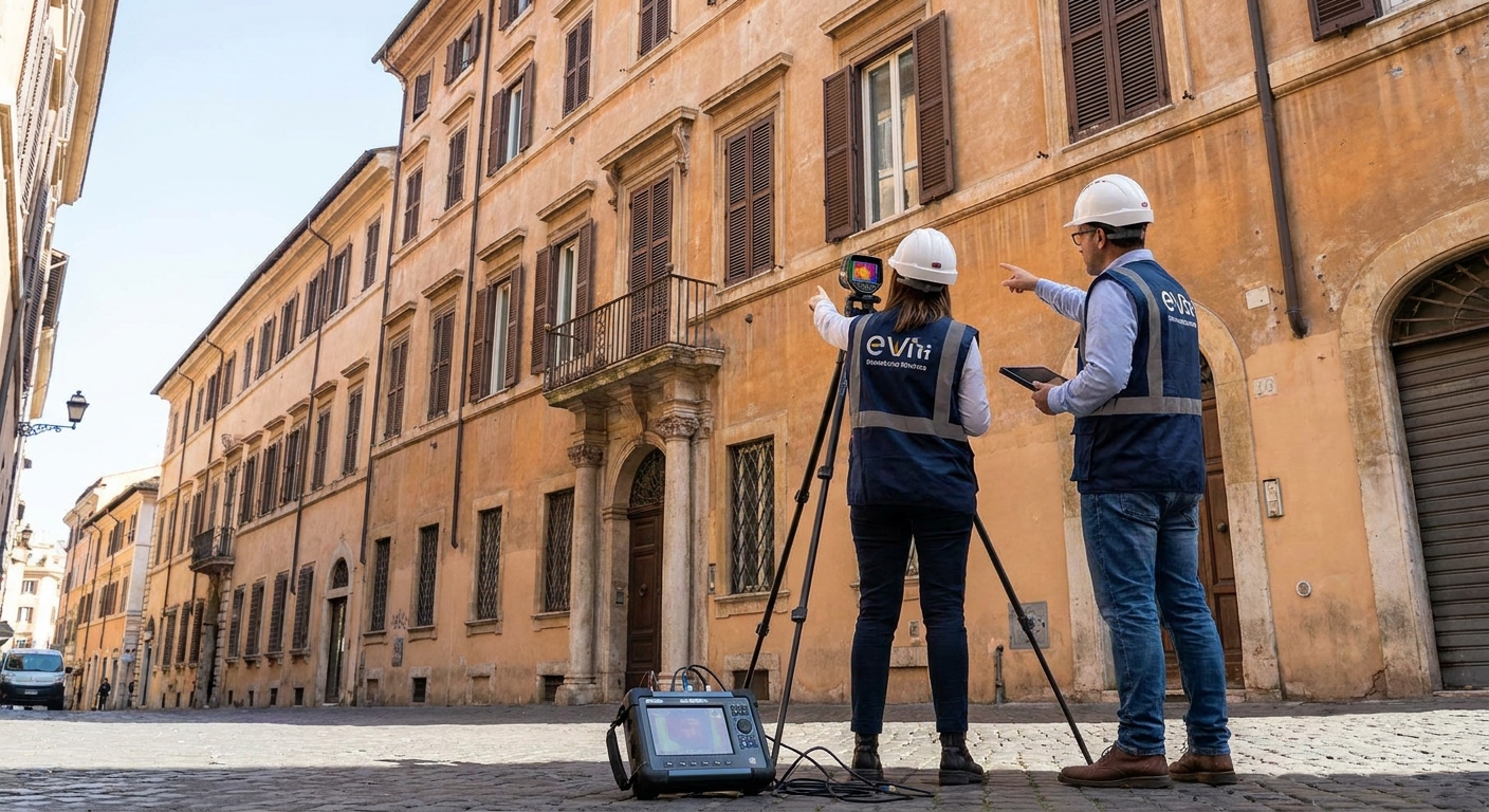 historical Roma palazzo with energy audit equipment