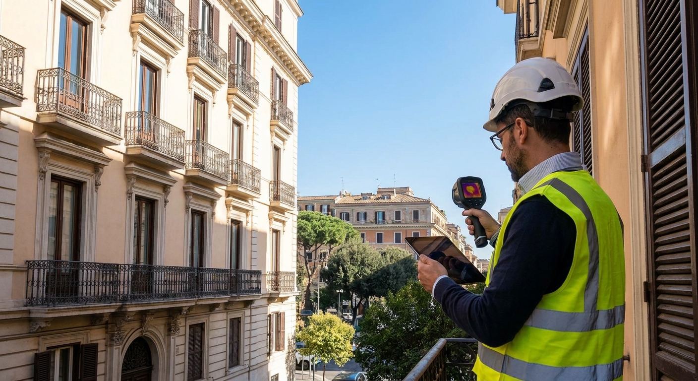 certified technician inspecting Roma apartment building facade for energy audit