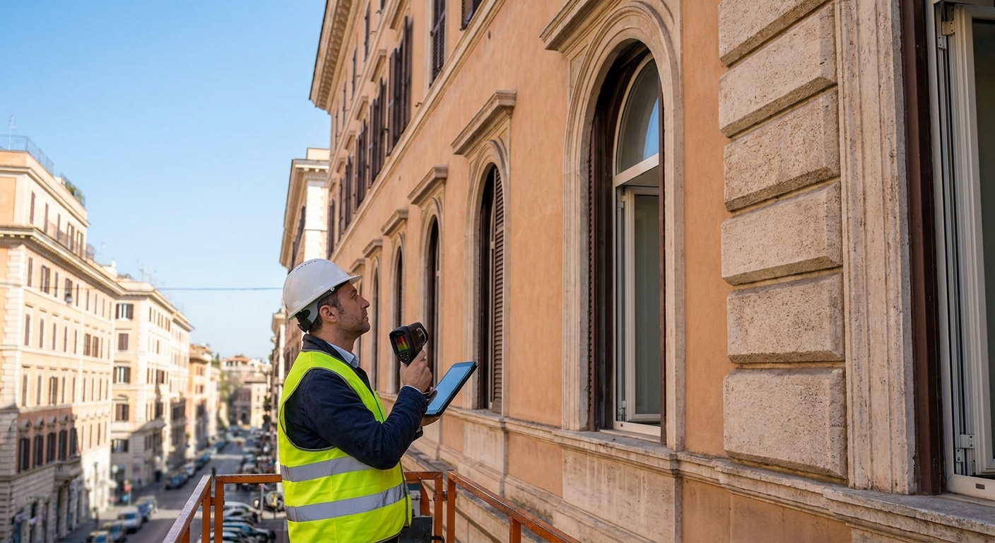 certified technician inspecting Rome apartment building facade
