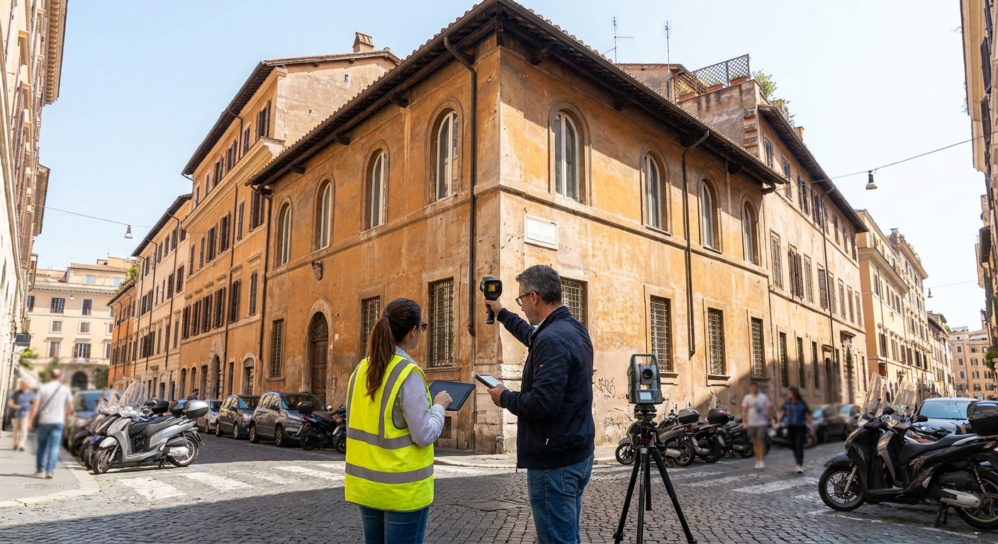 historical Roma palazzo with energy audit equipment
