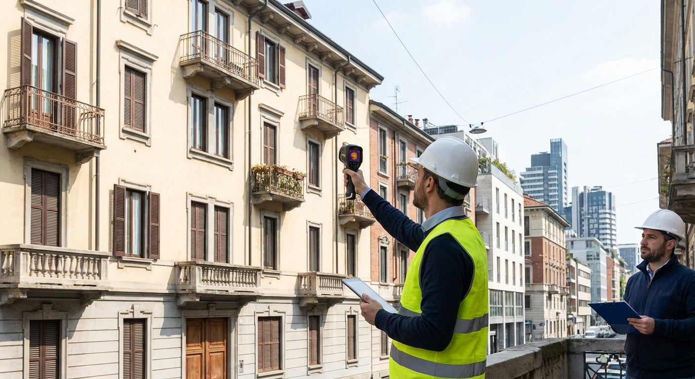 certified technician inspecting Milano apartment building facade