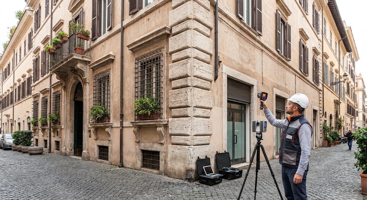 historical Roma palazzo with energy audit equipment