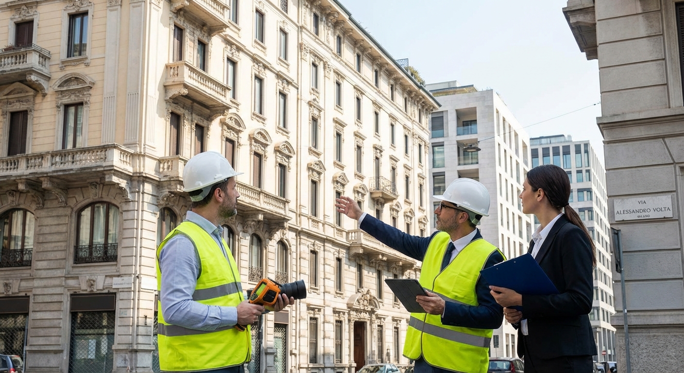 certified technician inspecting Milano apartment building facade