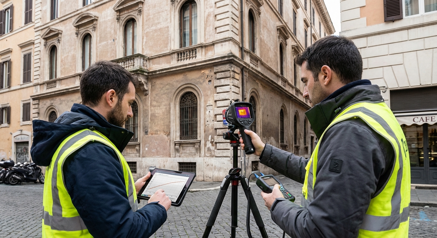 historical Roma palazzo with energy audit equipment
