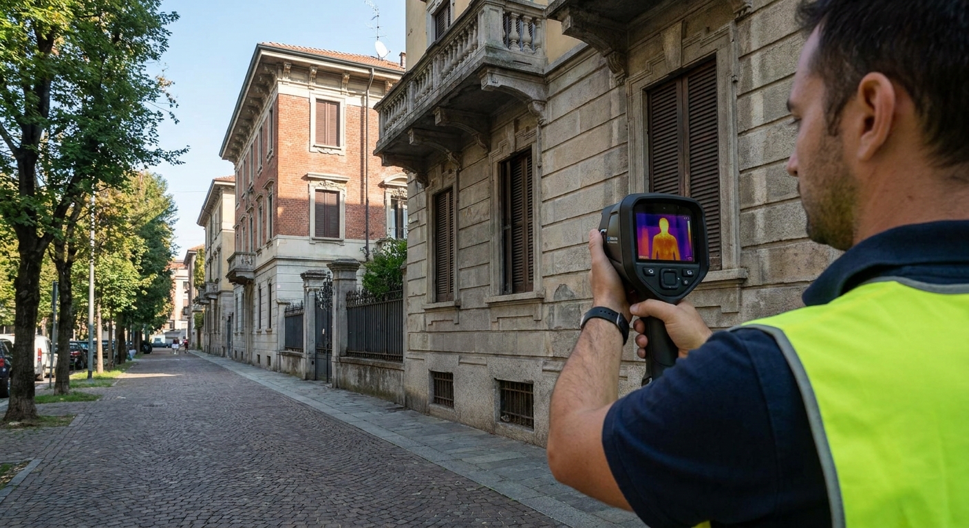 professional technician with thermal camera inspecting building facade in Monza
