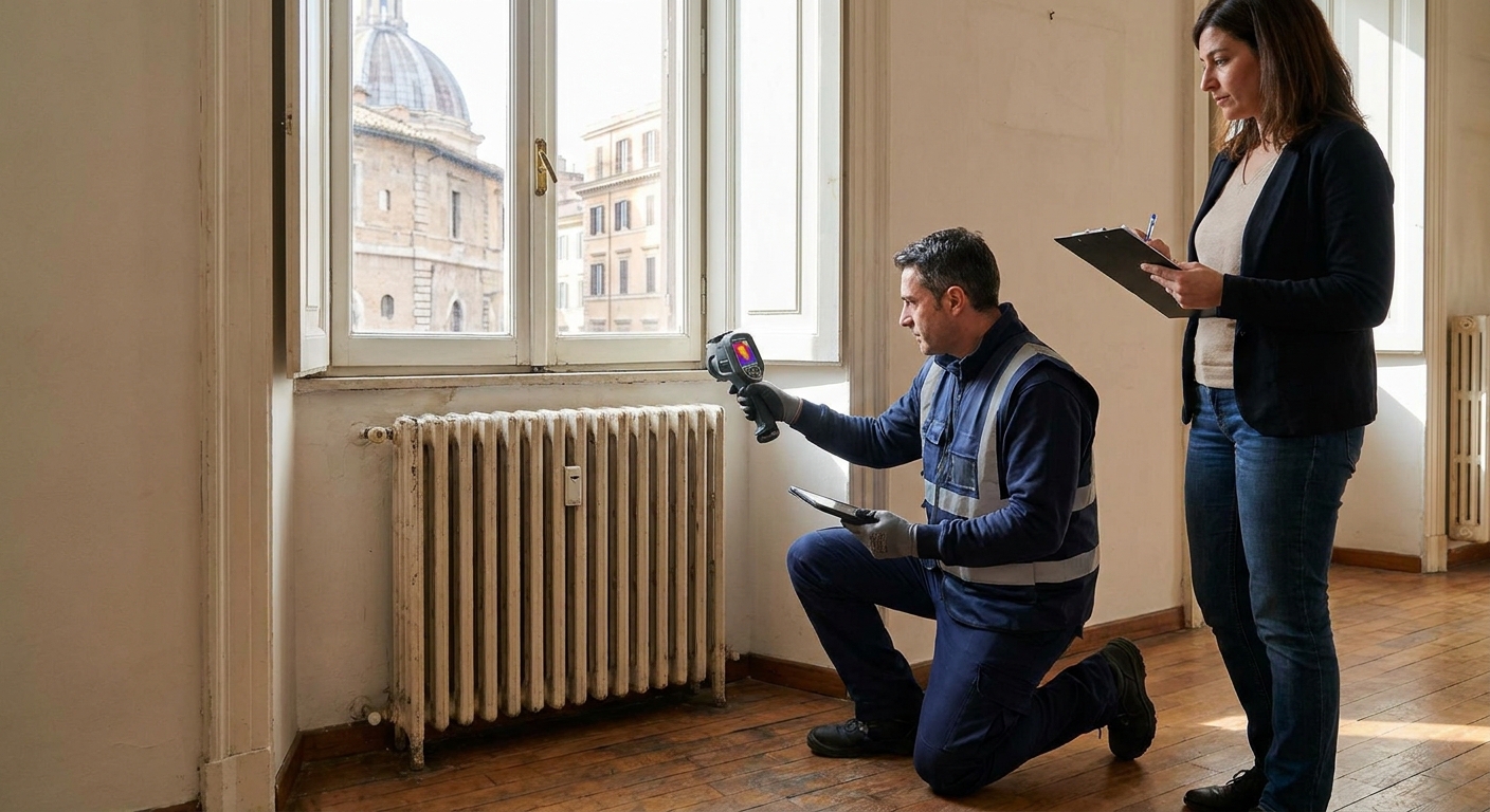 certified technician inspecting heating system in historical Roma apartment