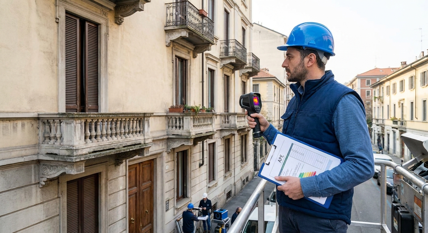 certified technician inspecting Milano apartment building facade