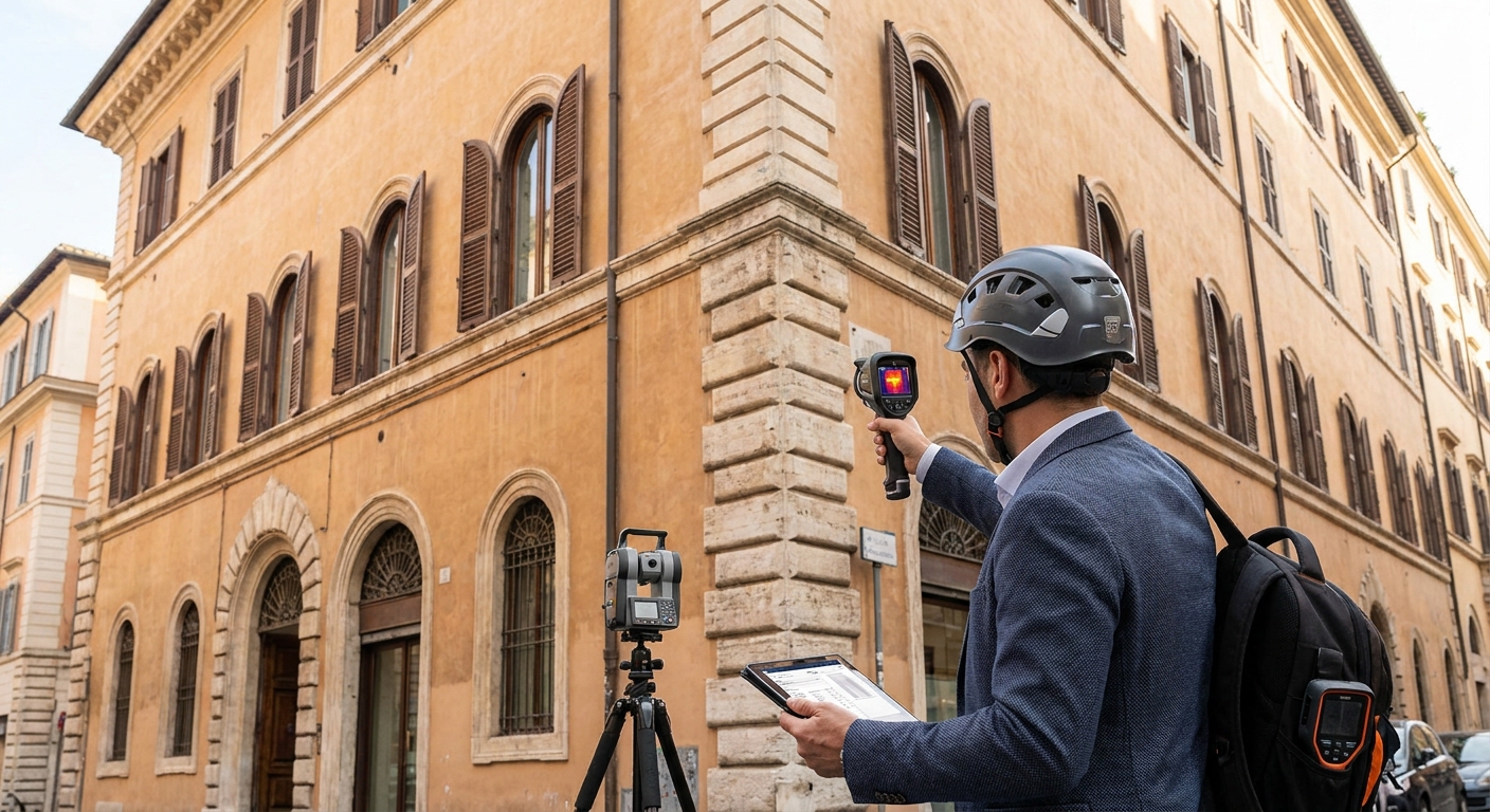 historical Roma palazzo with energy audit equipment