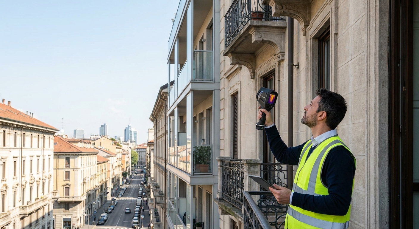 certified technician inspecting Milano apartment building facade