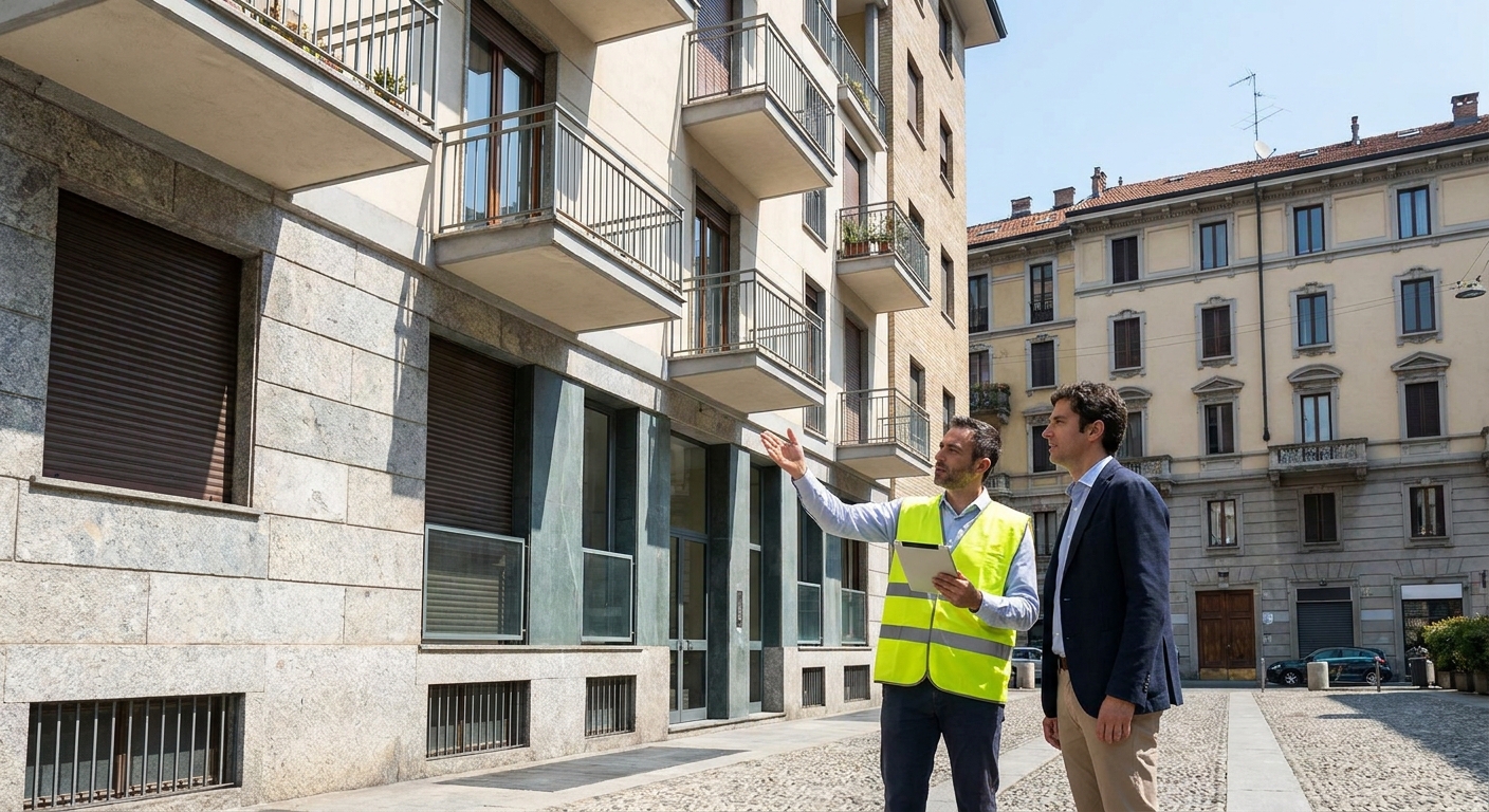 certified technician inspecting Milano apartment building facade